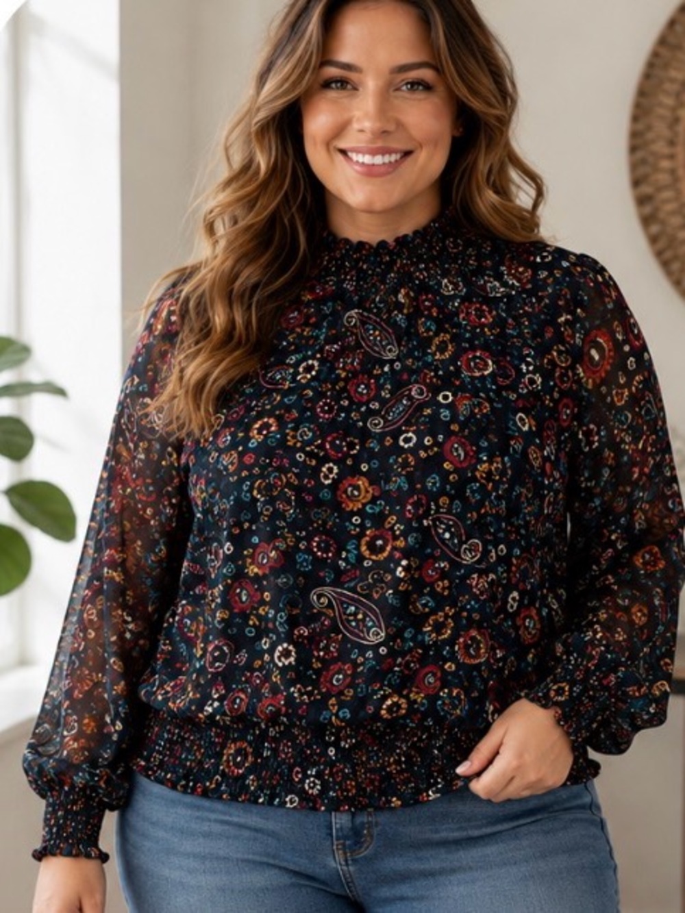 A MTL 1980 2X Floral Paisley Smocked Sheer Blouse Boho
